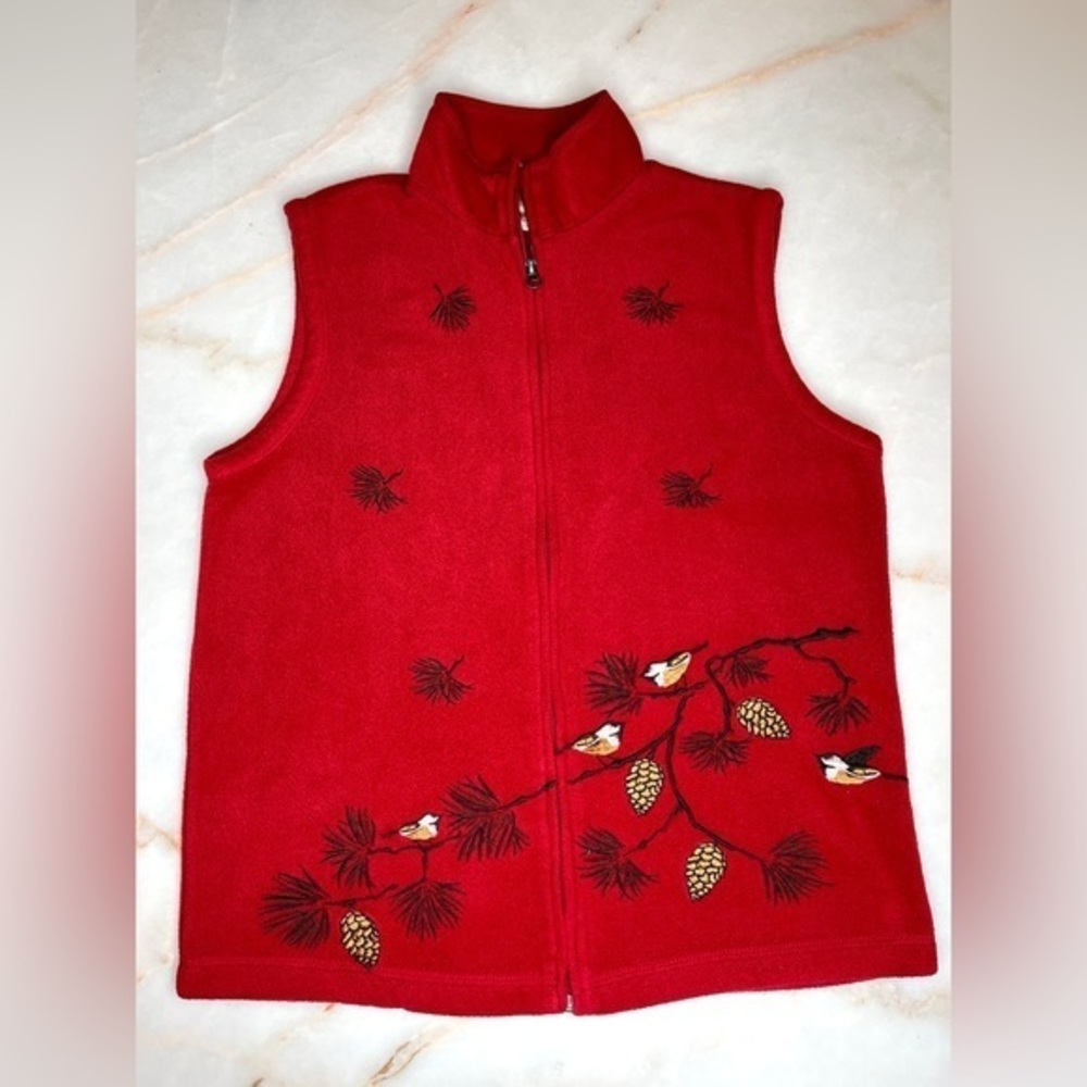 Baxter & Wells Christmas Embroidered Red Fleece Zip Vest Sparrows‎ Pines Sz S